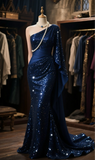 Niulatu Mermaid Navy Satin Sequin One Shoulder Cape Long Prom Dress, Evening Dress HZ1110