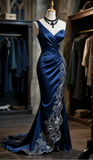 Niulatu Style Mermaid One Shoulder Navy Satin Ruffle Embroidered Hem Slit Long Prom Dress, Evening Dress HZ1110