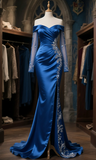 Niulatu Style Mermaid Off The Shoulder Satin Tulle Long Sleeves Beaded Slit Long Prom Dress, Evening Dress HZ1110