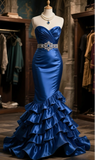 Niulatu Mermaid Sweetheart Satin Beaded With Tiered Ruffle Hem Long Prom Dress, Evening Dress HZ1110