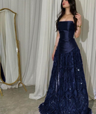 Niulatu A Line Strapless Satin Tulle Sequin Long Prom Dress, Evening Dress HZ1110