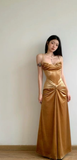 Niulatu Mermaid Spaghetti Straps Pleated Satin Long Prom Dress, Evening Dress HZ1110