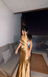Niulatu Golden Mermaid Strapless Satin Long Prom Dress, Evening Dress HZ1110