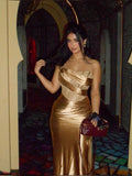 Niulatu Golden Mermaid Strapless Satin Long Prom Dress, Evening Dress HZ1110