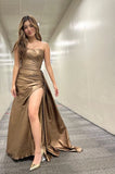 Niulatu A Line Strapless Pleated Satin Slit Long Prom Dress, Evening Dress HZ1110