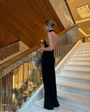 Niulatu Mermaid Black Halter Satin Backless Long Prom Dress, Evening Dress HZ1110