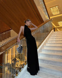 Niulatu Mermaid Black Halter Satin Backless Long Prom Dress, Evening Dress HZ1110