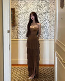 Niulatu Brown A Line Sweetheart Chiffon Tiered Slit Long Prom Dress, Evening Dress HZ1110