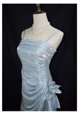 Niulatu High Low Straps Ruffles Light Sky Blue Prom Dresses HZ1110