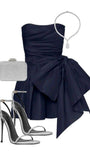 Niulatu A line Satin Strapless Short Navy Blue Homecoming Dress 20th Birthday Outfits HZ1110
