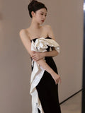 Niulatu Sheath Strapless Black Satin Long Evening Gowns Prom Dresses SD1836