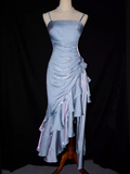 Niulatu High Low Straps Ruffles Long Blue Prom Dresses HZ1110