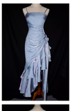 Niulatu High Low Straps Ruffles Long Blue Prom Dresses HZ1110