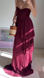 Niulatu Strapless Chiffon Pleated Tiered Long Evening Dress A Line Prom Dress HZ1007