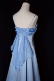 Niulatu A Line Spaghetti Straps Blue Long Prom Dresses HZ1110