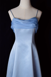 Niulatu A Line Spaghetti Straps Blue Long Prom Dresses HZ1110