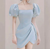 Niulatu A Line Square Neckline Blue Satin Homecoming Dress Birthday Outfits HZ1110