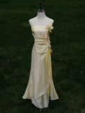Niulatu A Line Spaghetti Straps Gold Long Prom Dresses HZ1110