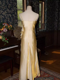 Niulatu A Line Spaghetti Straps Gold Long Prom Dresses HZ1110