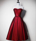 Niulatu Line Strapless Burgundy Satin Tea Length Prom Dresses Homecoming Dress HZ1110