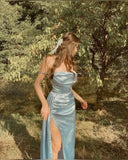Niulatu A Line Spaghetti Straps Silk Satin Slit Long Prom Dress HZ1110