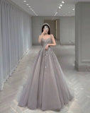 Niulatu A Line Sweetheart Neckline Tulle Sequin Long Prom Dress HZ1110