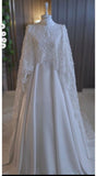 Niulatu A Line White High Neckline Chiffon Beads Long Prom Dress HZ1110