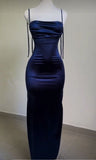 Niulatu Mermaid Spaghetti Straps Custom Silk Satin Blue Long Prom Dresses HZ1110