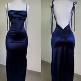 Niulatu Mermaid Spaghetti Straps Custom Silk Satin Blue Long Prom Dresses HZ1110