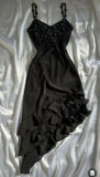 Niulatu Black Spaghetti Straps Chiffon Appliques Flower Prom Dress HZ1110