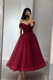 Niulatu Gown Off Shoulder Burgundy Tulle Tea Length Prom Dresses Homecoming Dress HZ1110