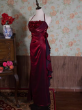 Niulatu Mermaid Halter Burgundy Flowers Long Prom Dresses HZ1110