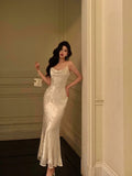 Niulatu Mermaid Spaghetti Straps Date Night Dress Floral Ivory Satin Prom Dresses Birthday Outfit SD744