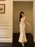 Niulatu Mermaid Spaghetti Straps Date Night Dress Floral Ivory Satin Prom Dresses Birthday Outfit SD744