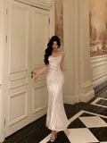 Niulatu Mermaid Spaghetti Straps Date Night Dress Floral Ivory Satin Prom Dresses Birthday Outfit SD744