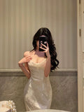 Niulatu Mermaid Spaghetti Straps Date Night Dress Floral Ivory Satin Prom Dresses Birthday Outfit SD744
