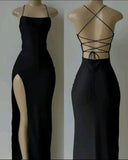 Niulatu Sheath Spaghetti Straps Black Slit Backless Long Prom Dress HZ1110