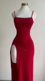 Niulatu Sheath Spaghetti Straps Red Slit Backless Long Prom Dress HZ1110