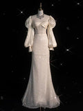 Niulatu White Satin Wedding Dress Ivory Satin Sequins Puff Sleeve Wedding Dress HZ1110