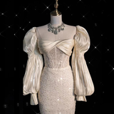 Niulatu White Satin Wedding Dress Ivory Satin Sequins Puff Sleeve Wedding Dress HZ1110