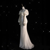Niulatu White Satin Wedding Dress Ivory Satin Sequins Puff Sleeve Wedding Dress HZ1110