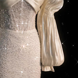 Niulatu White Satin Wedding Dress Ivory Satin Sequins Puff Sleeve Wedding Dress HZ1110