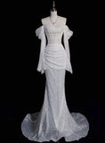 Niulatu Wedding Dress White Mermaid Sequins Long Sleeve Wedding Dresses HZ1110