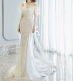 Niulatu Wedding Dress White Mermaid Off The Shoulder Short Sleeves Wedding Dresses HZ1110