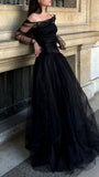 Niulatu A Line Off The Shoulder Tulle Black Long Prom Dress HZ1110