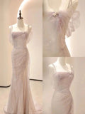 Niulatu Mermaid Straps Pink Tulle Long Prom Dress HZ1110