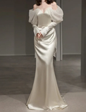 Niulatu Mermaid Straps Long Sleeves Satin Wedding Dresses HZ1110