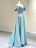 Niulatu A-Line Satin Long Prom DressesBlue Satin Long Formal Dresses HZ1110