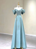 Niulatu A line Straps Blue Satin Long Prom Dress HZ1110