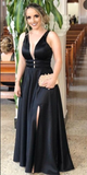 Niulatu Black V Neck A-line Prom Dress Black Evening Dress HZ1007